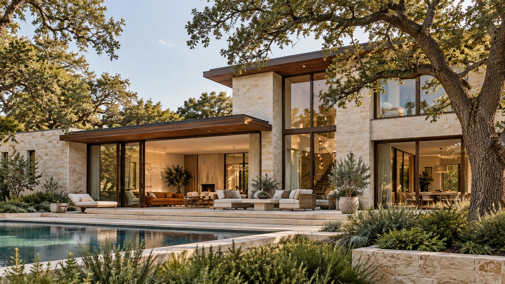 Concept visualization of a limestone home surrounded by mature trees and a lush garden.