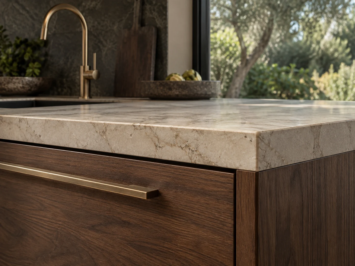 Concept detail of walnut, honed stone and brushed bronze.