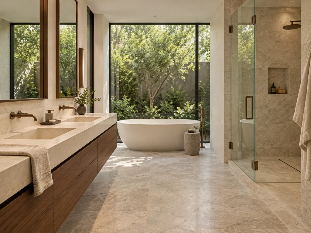 Luxury bathroom concept with walnut, light stone and a private garden view.