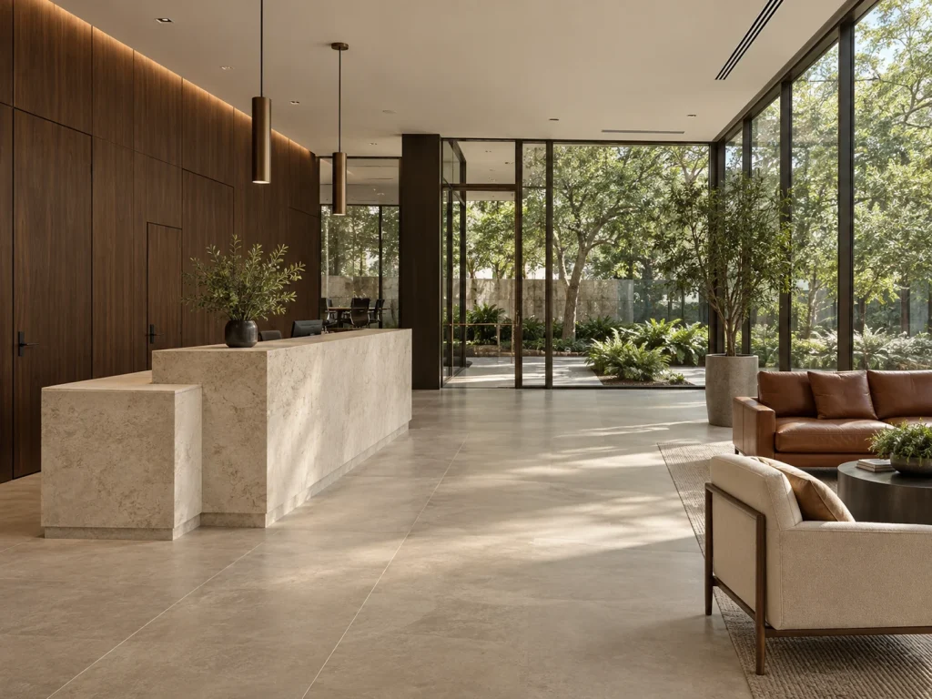 Office reception concept overlooking a landscaped courtyard.
