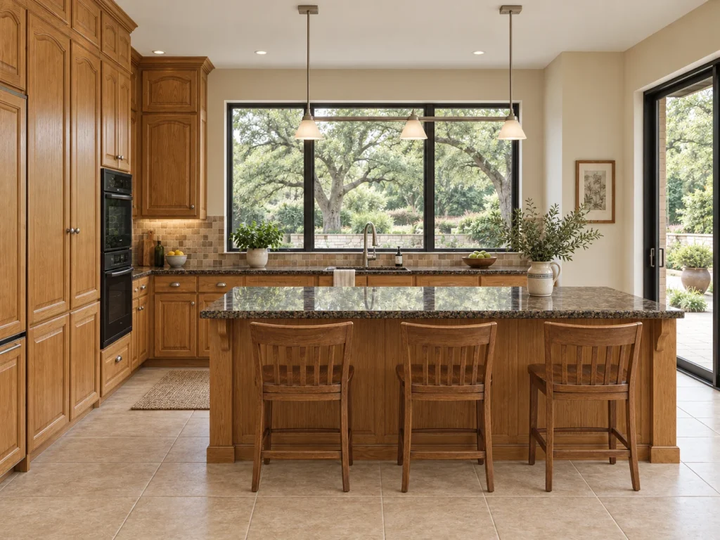 Kitchen concept before renovation: dated oak cabinets and tile finishes.