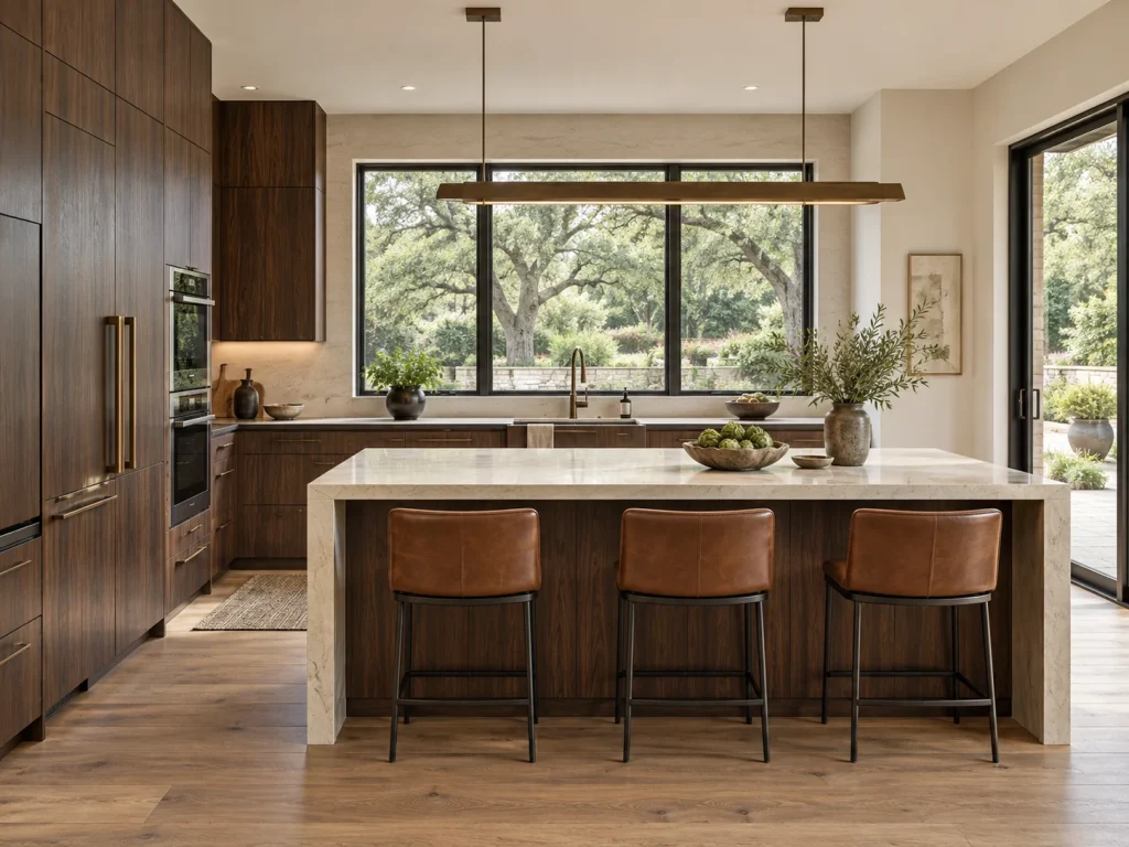 Kitchen concept after renovation: natural walnut cabinets and light stone counters.