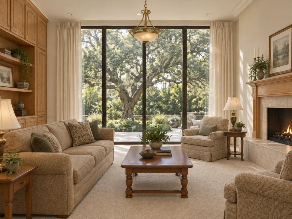 Living room concept before renovation with carpet and traditional finishes.