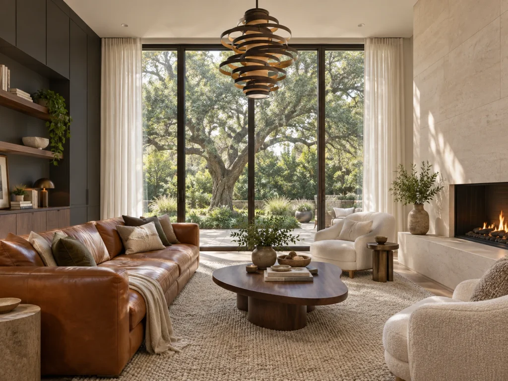 Living room concept after renovation with wood flooring and a light stone fireplace.