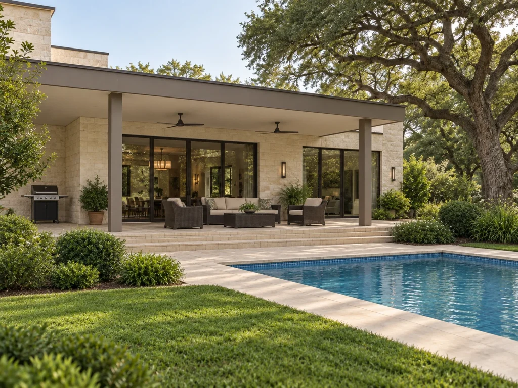 Patio concept before renovation with a concrete terrace beside a mature oak tree.