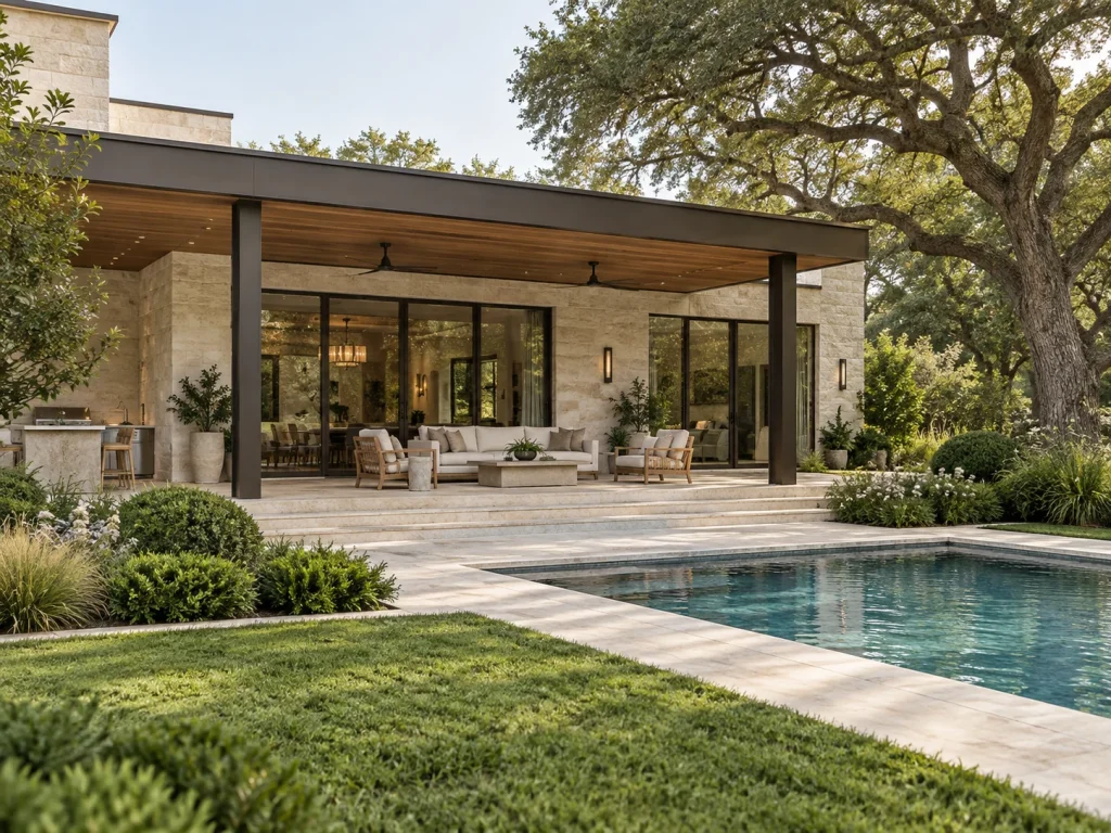 Patio concept after renovation with a timber cover, stone paving and lounge seating.