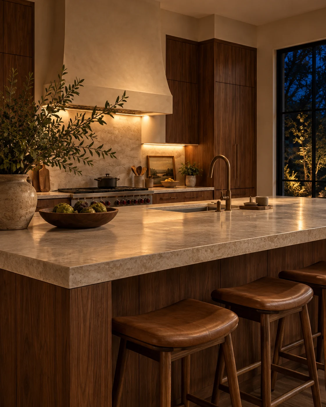 Illustrative walnut and limestone kitchen at night with warm lighting and garden views